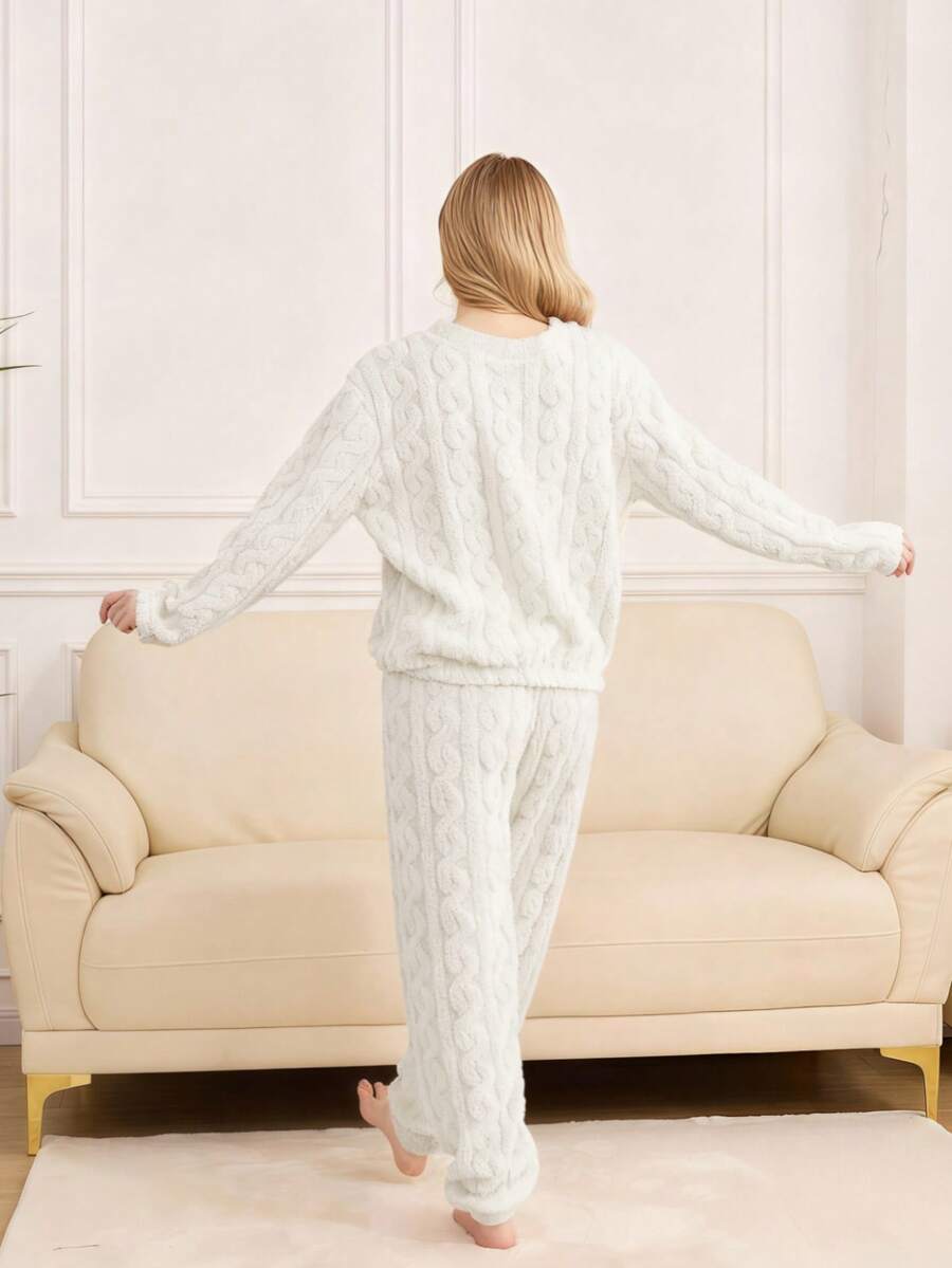 Women's Winter Pajama Set, Cream White Fuzzy Plush Cable Jacquard Top and Jogger Pants, White, view 2