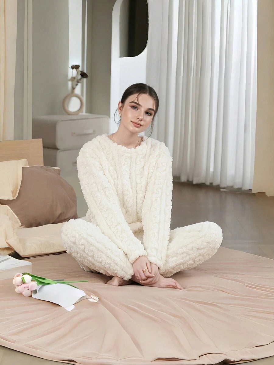 Women's Winter Pajama Set, Cream White Fuzzy Plush Cable Jacquard Top and Jogger Pants, White, view 4